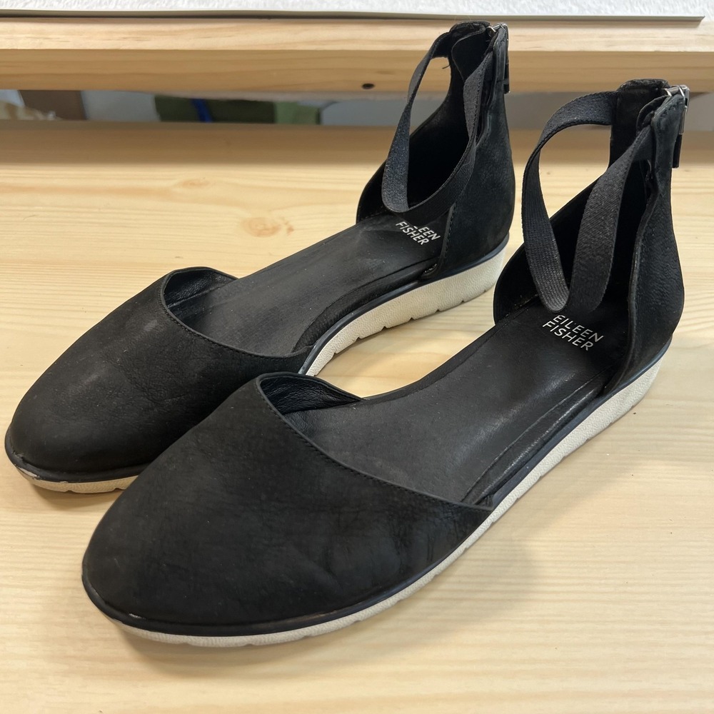 Eileen Fisher Shoes Womens Size 8 Black Suede Ankle Strap Back Zip‎ Flats
